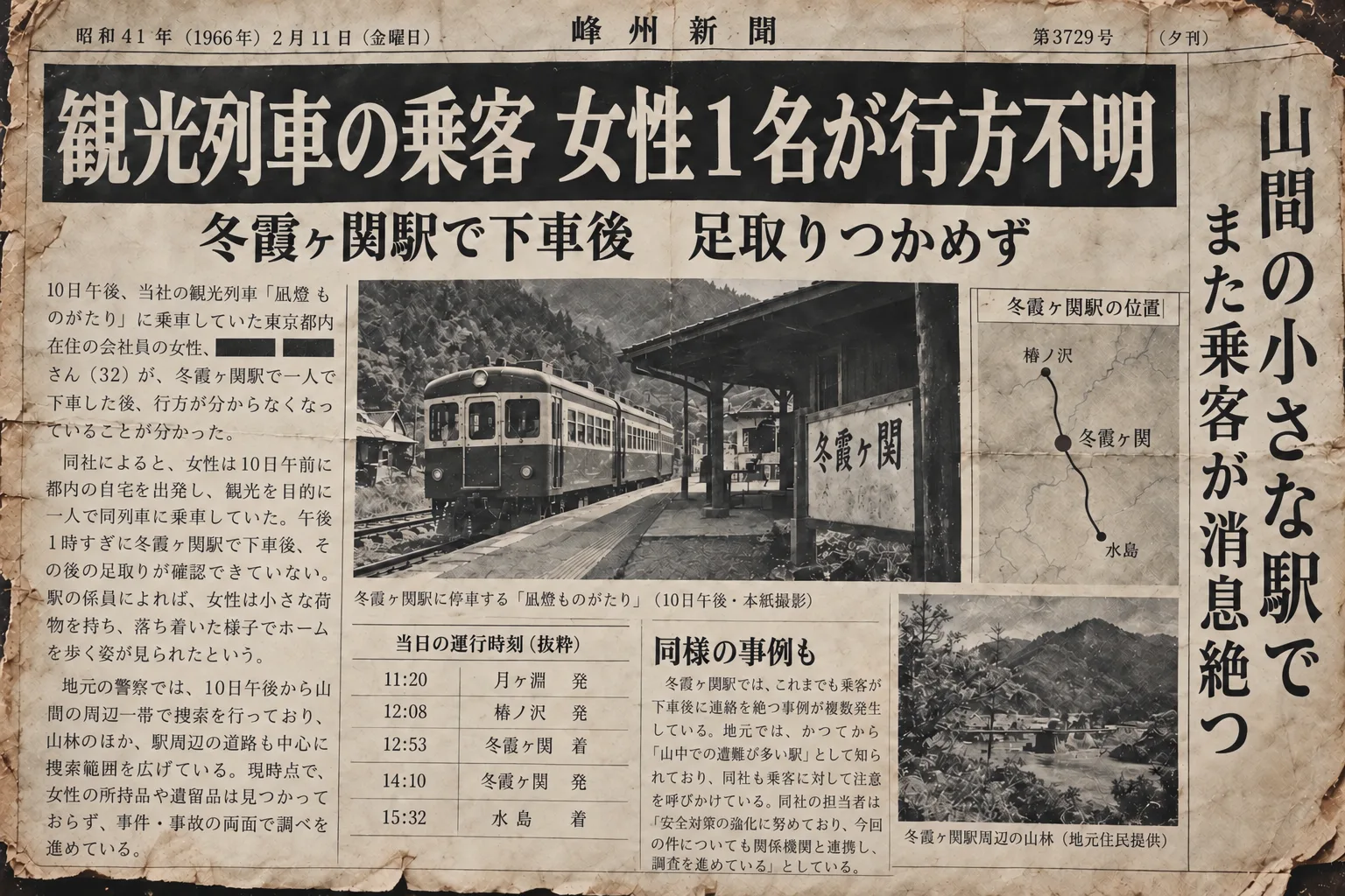 1966年2月の冬霞ヶ関駅行方不明事件を報じる新聞