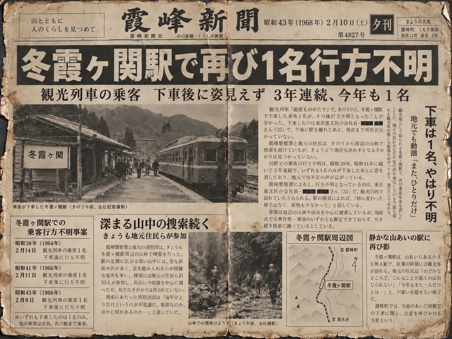 1968年2月の冬霞ヶ関駅行方不明事件を報じる新聞