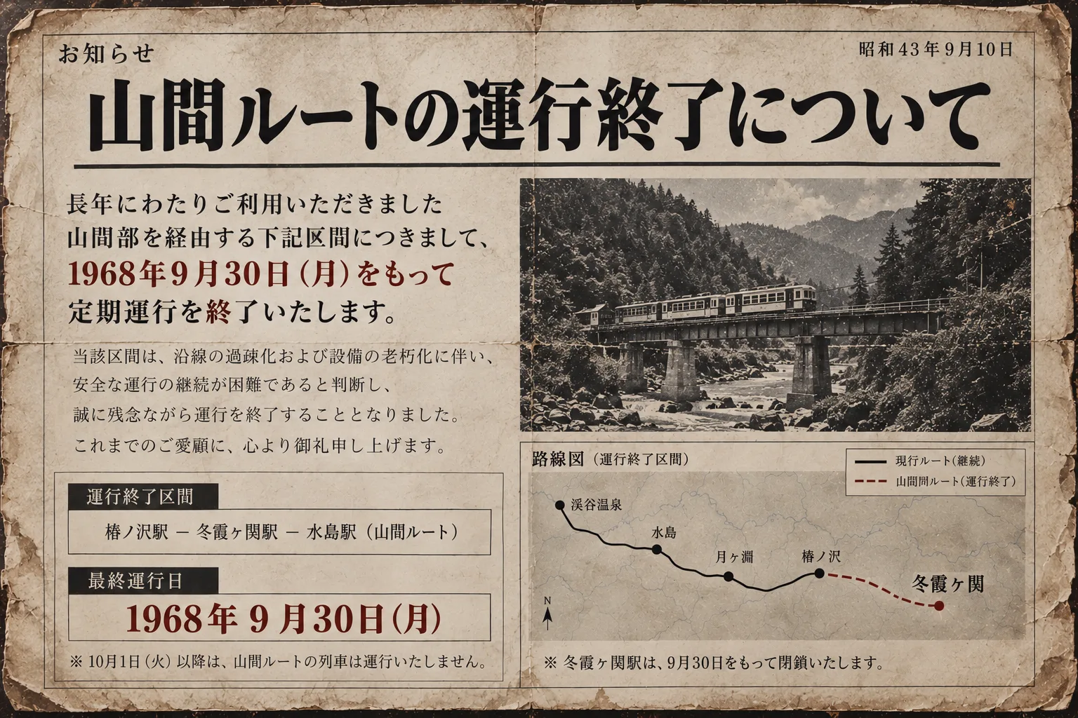 1968年9月30日の山間ルート運行終了と冬霞ヶ関駅閉鎖のお知らせ